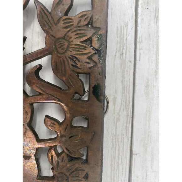 2 Vintage Copper and Cast Iron Floral Trivet Hot Dish Holders SET OF 2 - Picture 9 of 12